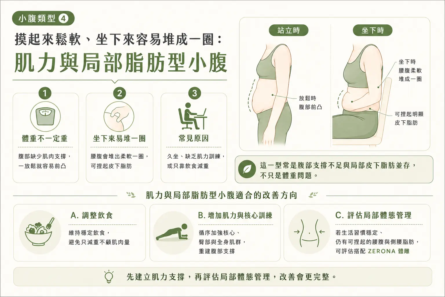摸起來鬆軟、坐下來容易堆成一圈：肌力與局部脂肪型小腹