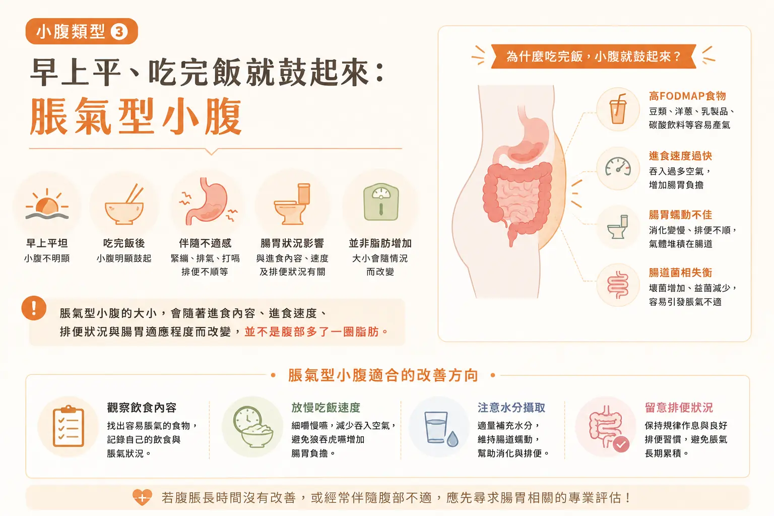  早上平、吃完飯就鼓起來：脹氣型小腹
